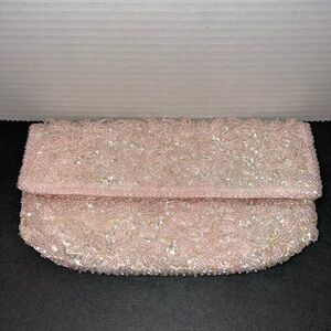 Vintage Pink Beaded clutch Handmade in Hong Kong Silk